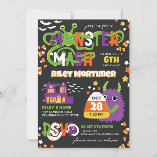 Monster Mash Typography Kids Halloween Birthday 招待状 (正面)