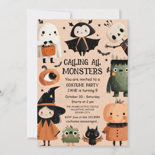 Monster Mash Whimsical Halloween Birthday Party 招待状 (正面)