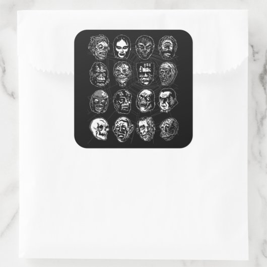 Monster Masks Art Sticker B & W – Retro Halloween スクエアシール (バッグ)