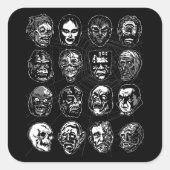 Monster Masks Art Sticker B & W – Retro Halloween スクエアシール (正面)