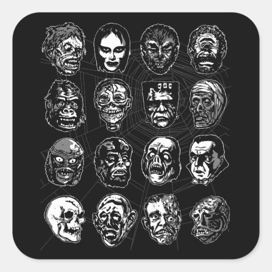 Monster Masks Art Sticker B & W – Retro Halloween スクエアシール (正面)
