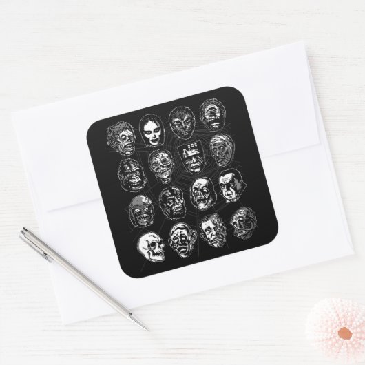 Monster Masks Art Sticker B & W – Retro Halloween スクエアシール (封筒)