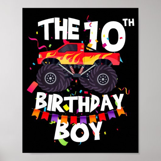 Monster Truck 10th Birthday Boy Funny 10 Years Old ポスター (正面)