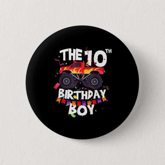 Monster Truck 10th Birthday Boy Funny 10 Years Old 缶バッジ (正面)