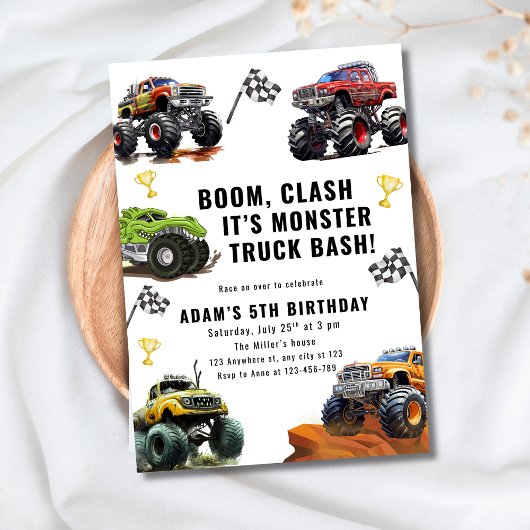 Monster Truck Bash Birthday For Boys Race Car  招待状