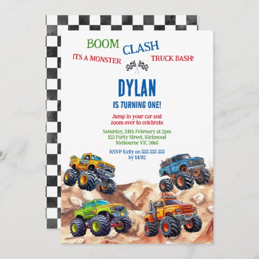 Monster Truck Bash Boy Birthday Invitation 招待状 (正面/裏面)