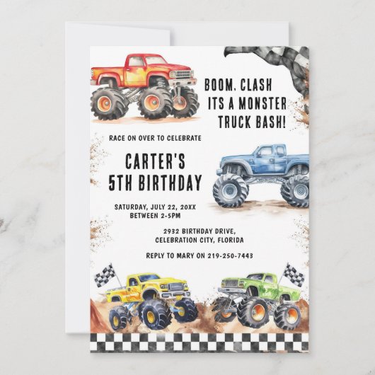 Monster Truck Bash Boy Birthday Invitation 招待状 (正面)