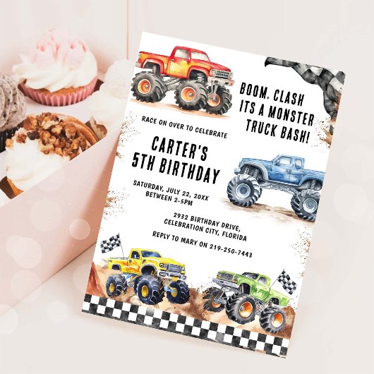 Monster Truck Bash Boy Birthday Invitation 招待状