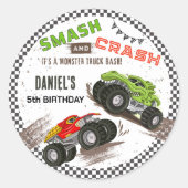 Monster truck bash cool modern cute 5th birthday  ラウンドシール (正面)