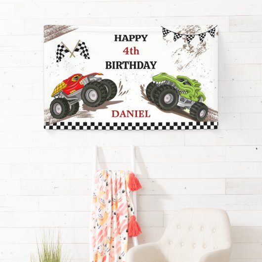 Monster truck bash cool modern kid 4th birthday 横断幕 (インサイチュ)