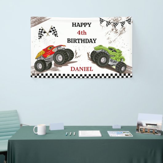Monster truck bash cool modern kid 4th birthday 横断幕 (トレードショー)