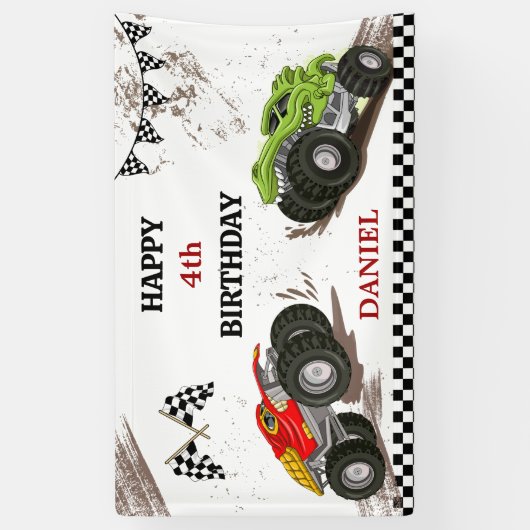 Monster truck bash cool modern kid 4th birthday 横断幕 (縦)