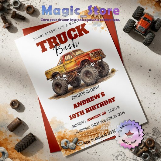 Monster Truck Bash Vintage Rusty Truck Birthday  招待状
