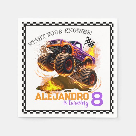 Monster Truck Birthday Fire Flames スタンダードカクテルナプキン (正面)