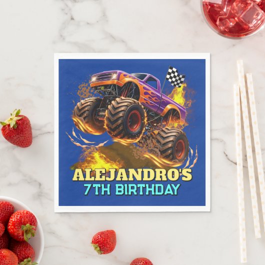 Monster Truck Birthday Fire Flames スタンダードランチョンナプキン (インサイチュ)