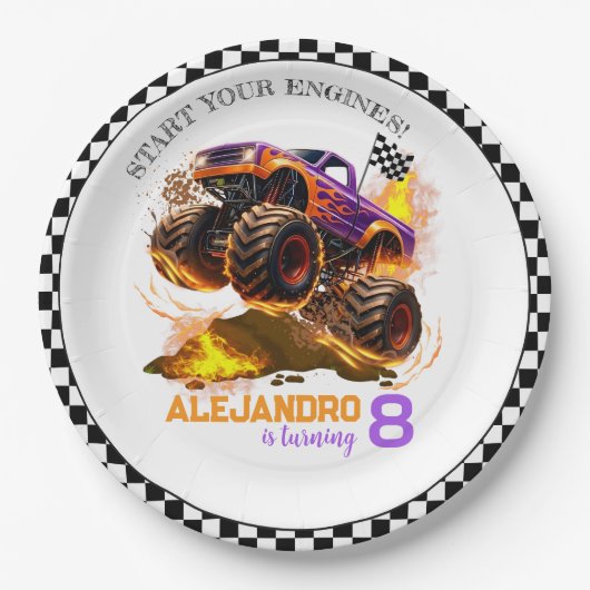 Monster Truck Birthday Fire Flames  ペーパープレート (正面)