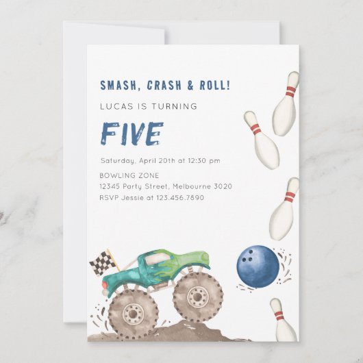 Monster Truck & Bowling Birthday Party  招待状 (正面)