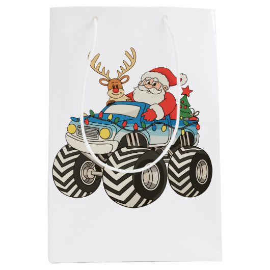 Monster Truck Christmas Santa Reindeer Festive ミディアムペーパーバッグ (正面)