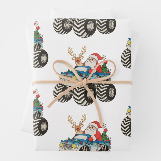 Monster Truck Christmas Santa Reindeer Festive ラッピングペーパーシート (インサイチュ)