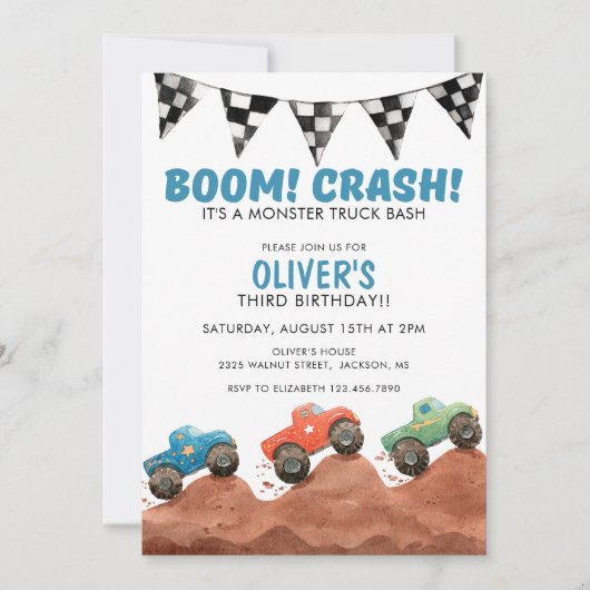 Monster Truck Colorful Cars Birthday 招待状 (正面)
