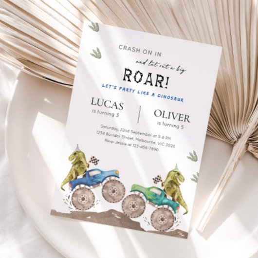 Monster Truck & Dinosaur Siblings Joint Birthday 招待状