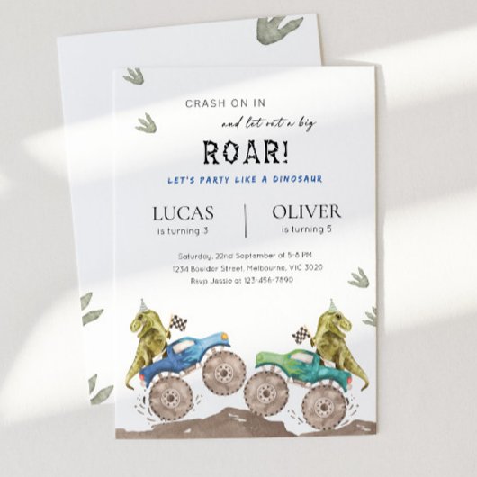 Monster Truck & Dinosaur Siblings Joint Birthday 招待状