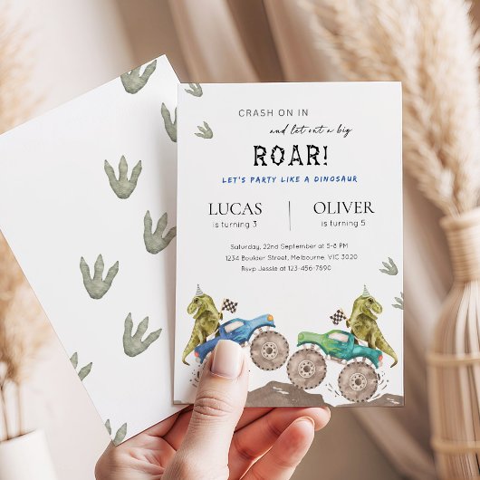 Monster Truck & Dinosaur Siblings Joint Birthday 招待状