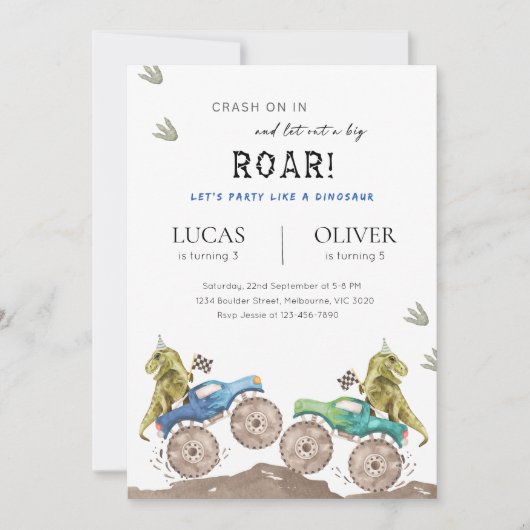 Monster Truck & Dinosaur Siblings Joint Birthday 招待状 (正面)