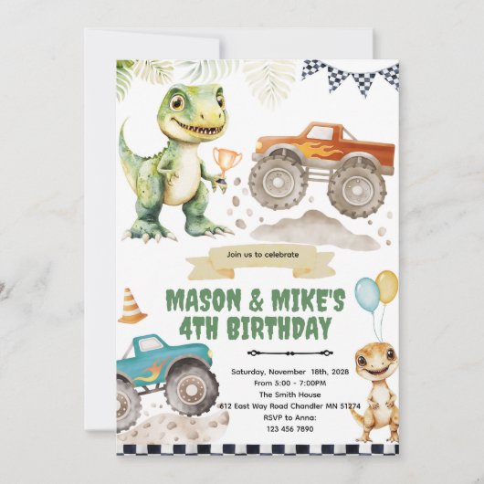 Monster truck dinosaur theme invitation 招待状 (正面)