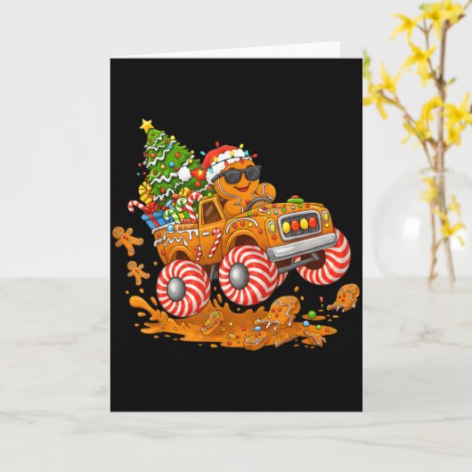 Monster Truck Gingerbread Man Funny Christmas Baki カード (黄色い花)