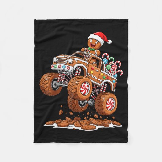 Monster Truck Gingerbread Man Funny Christmas Baki フリースブランケット (正面)