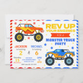 Monster Truck Joint Birthday Invitation Siblings 招待状 (正面)