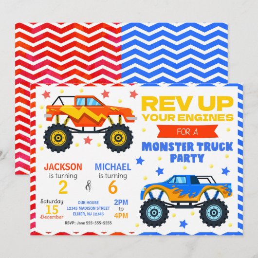 Monster Truck Joint Birthday Invitation Siblings 招待状 (正面/裏面)