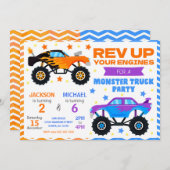 Monster Truck Joint Birthday Invitation Siblings 招待状 (正面/裏面)
