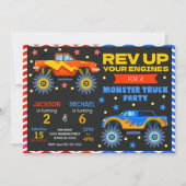 Monster Truck Joint Birthday Invitation Siblings 招待状 (正面)