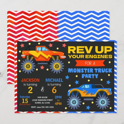 Monster Truck Joint Birthday Invitation Siblings 招待状 (正面/裏面)