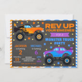 Monster Truck Joint Birthday Invitation Siblings 招待状 (正面)