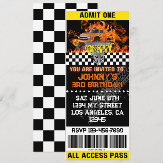 Monster Truck Orange Flames Invite 招待状 (正面/裏面)