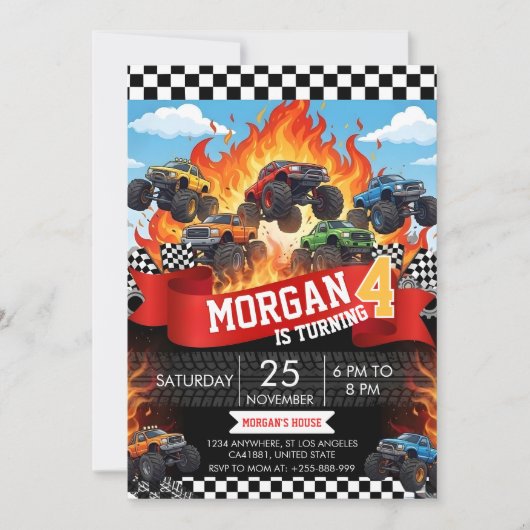 Monster Truck Racing Birthday Invitation 招待状 (正面)
