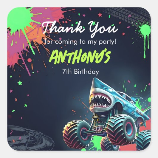 Monster Truck Shark Birthday Napkins スクエアシール (正面)