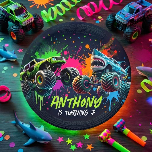 Monster Truck Shark Birthday Paper Plates ペーパープレート