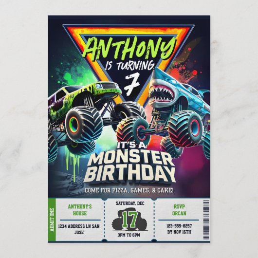 Monster Truck Shark invitation Boy Party 招待状 (正面)