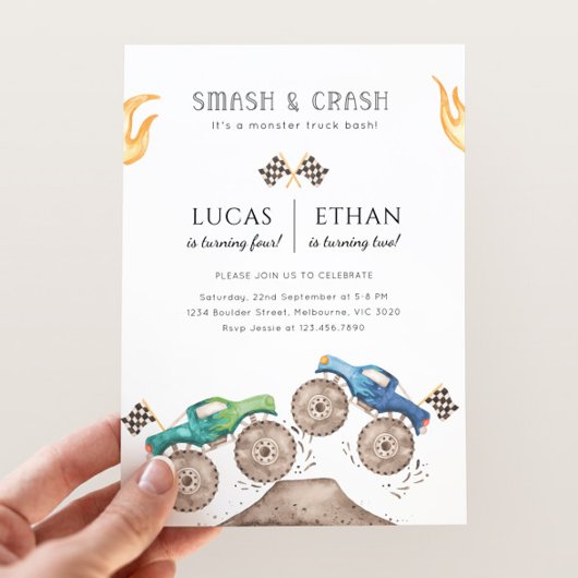 Monster Truck Siblings Joint Birthday Party 招待状