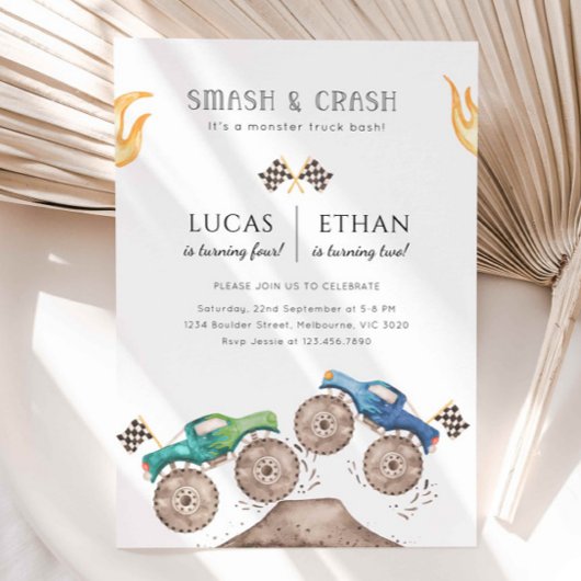 Monster Truck Siblings Joint Birthday Party 招待状