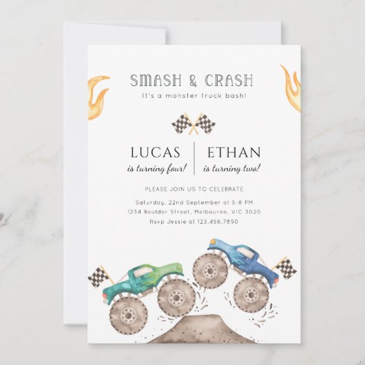 Monster Truck Siblings Joint Birthday Party 招待状 (正面)