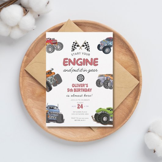 Monster truck, start your engine boy 5th birthday 招待状