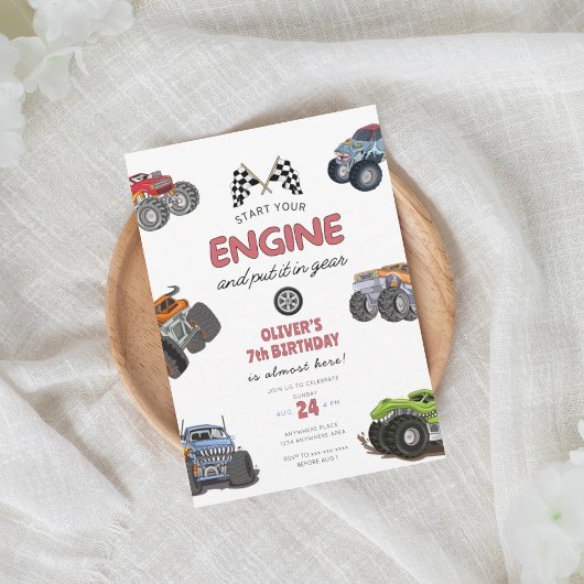 Monster truck, start your engine boy 7th birthday 招待状