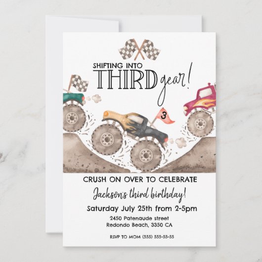 Monster Truck THIRD Gear 3rd birthday kids 招待状 (正面)