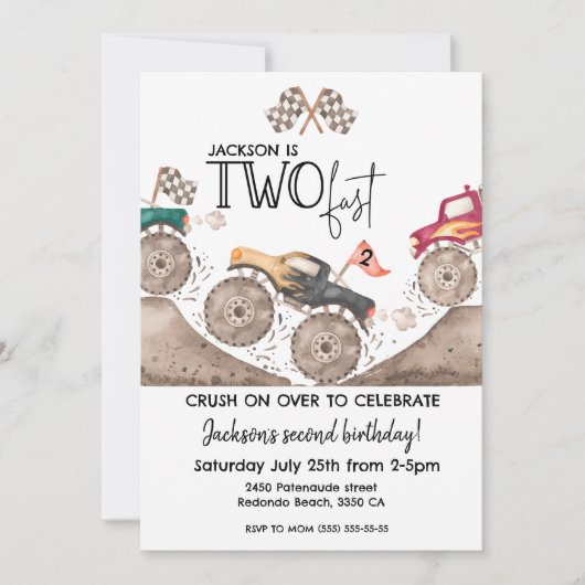 Monster Truck TWO FAST 2nd kids birthday 招待状 (正面)