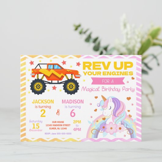 Monster Truck & Unicorn Joint Birthday Invitation 招待状 (スタンド正面)